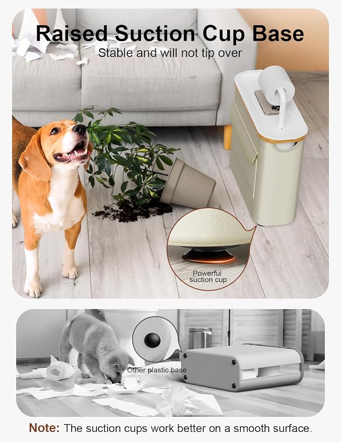 Toilet Paper Basket with Holder, Tray and Bamboo Frame, 12 Rolls, Beige | Waterproof Oxford fabric, privacy pocket, viewing window and suction-cup base for 9 mega or 12 regular rolls plus 1 in use