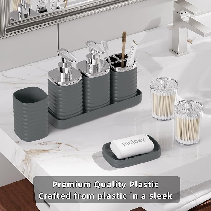 Bathroom Set - 10PC Bathroom Accessory Set, Grey Bathroom Set, Luxury Bathroom Accessories Set, Trash Can, Toilet Brush, Soap Dish, Qtip Holder & Soap Dispenser