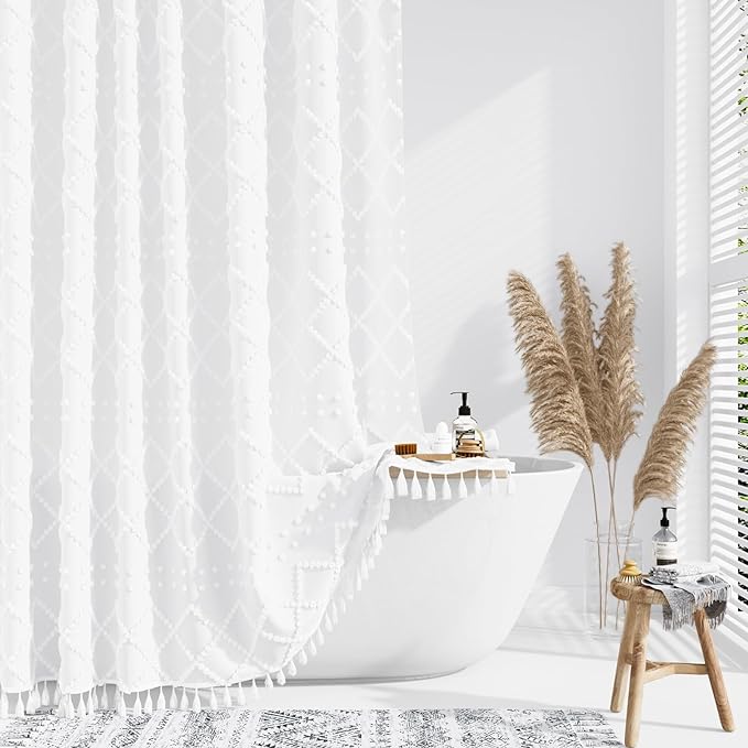 Stall Boho Farmhouse Shower Curtain Tufted Geometric 54"x72" White | 54 Inch Wide, Elegant Tassel, Lightweight Textured Fabric, Water Repellent, Washable, for Narrow Bathroom/Dorm 10 Hooks