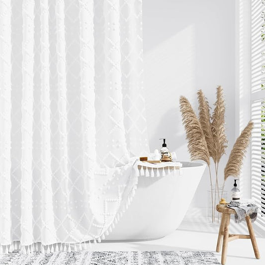 Stall Boho Farmhouse Shower Curtain Tufted Geometric 54"x78" White | 54 x 78 inch Long, Elegant Tassel, Lightweight Textured Fabric, Water Repellent, Washable, for Narrow Bathroom/Dorm 10 Hooks