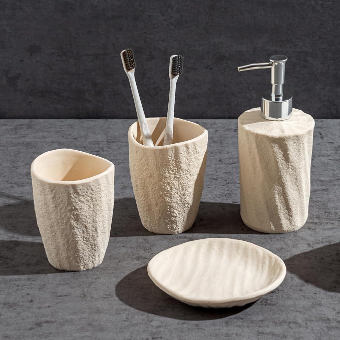 Bathroom Accessories Set, 4 PCS Modern Stone Texture, Yellow | Minimalist, Resin, with Liquid Soap Dispenser 11.5 OZ, Tumblers, Toothbrush Holder, Bar Soap Tray, For Countertop Sink