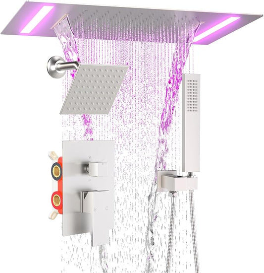 ENGA Dual Rain Shower Head System, 2 In 1 Functions Ceiling Mount 14x20inch LED Shower Head with 6 Inch Shower Head, Rainfall Waterfall Shower Faucet Set, Brushed Nickel