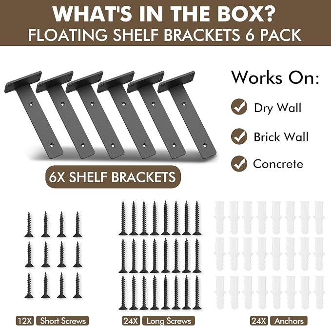 6 Pack Heavy Duty Metal Shelf Brackets 12 inch Long,Black | L-Shaped Wall Shelf Bracket Hidden & Decorative Shelf Bracket,1/5”-Thick,150 lbs of weight capacity