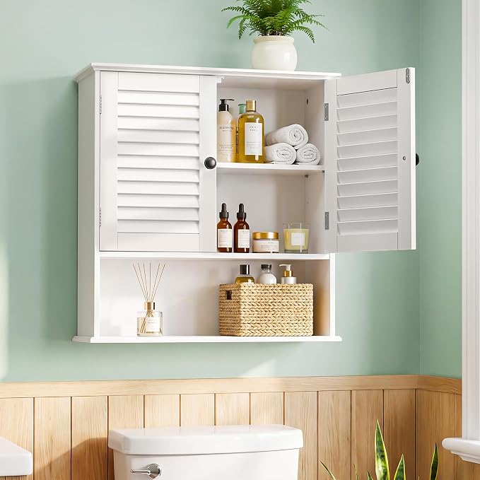 Bathroom Wall Cabinet with Adjustable Shelf, White 25" x 24" Medicine Cabinet with Louvered Doors, Over Toilet Storage Cabinet, Wall Mounted Bathroom Organizer for Bathroom, Laundry Room