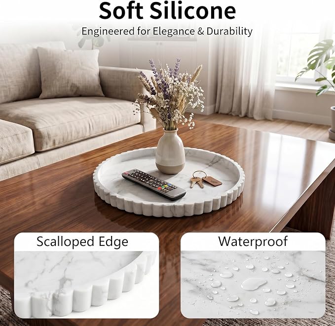 Silicone Bathroom Vanity Trays for Counter - 9.1 Inch Round Small Bathroom Tray with Scalloped Edge, Coffee Table Decor, Decorative Tray for Candle Key Skincare Perfume Storage, Marble Gray