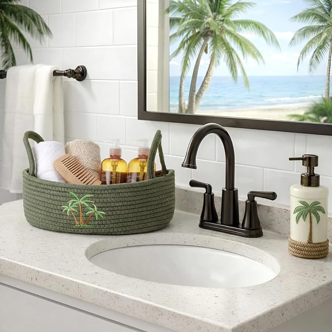 Vesici Coconut Palm Tree Woven Storage Basket Tropical Bathroom Decor | Cotton Rope Organizer for Toilet Paper, Bathroom Countertop Organizer Storage with Handle, Green Palm Decor, 13x6x4 Inch