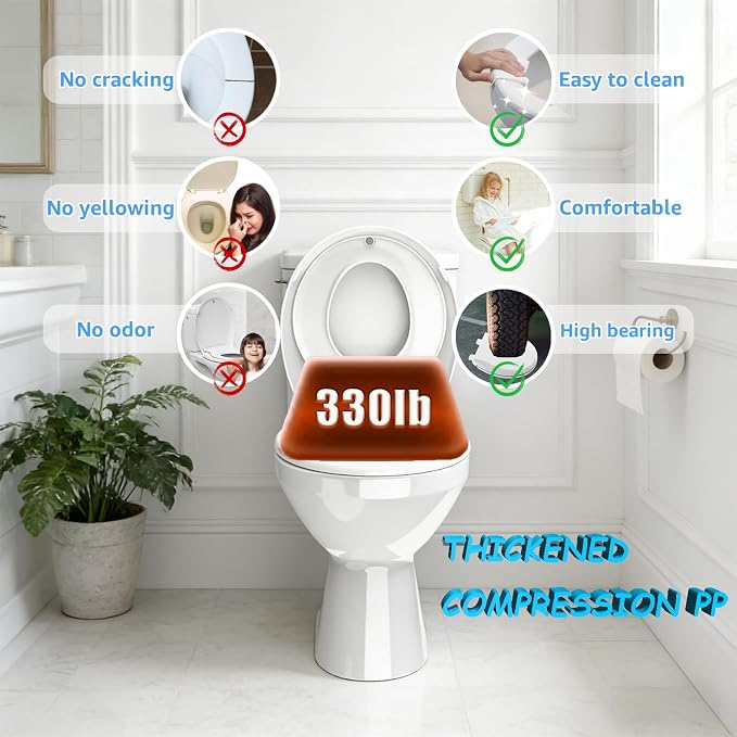 Huttdmel Round Toilet Seat with Toddler Seat Built In, 2 in 1 Adult & Child, Soft Close Quiet Lid, Magnetic Child Seat, Top & Bottom Mount, Never Loosen Hinges, Fits Standard Round Toilets, White