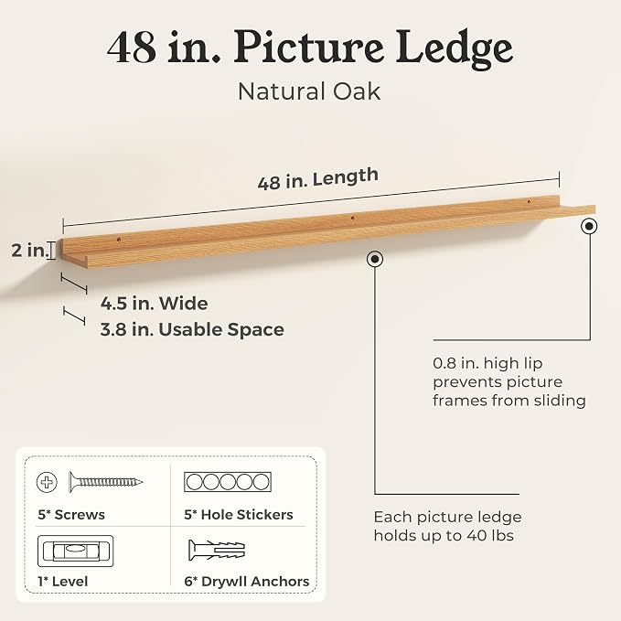 Oak Picture Ledge Shelves for Wall, 4.5" Deep Wood Floating Shelves with Lip for Bedroom, Living Room, 48" Width, Color Oak Set of 2