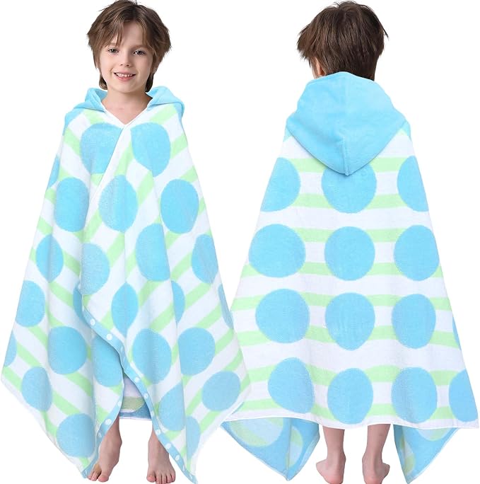 VOOVA & MOVAS Toddler Beach Towel (3-10Years), Absorbent Quick Dry Lightweight Towel Wrap with Hood for Pool | Swim | Bath, Blue Dot Strip