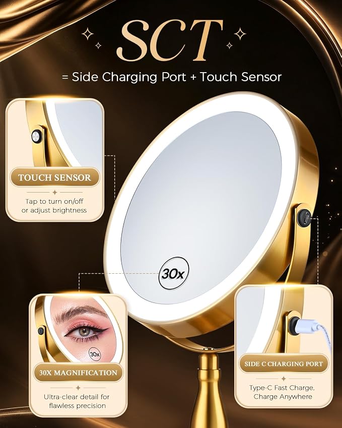 30X/1X Makeup Mirror with Lights, 8" Double Sided Vanity Mirror with Lights | 3 Color Modes & Dimmable, 5000mAh Rechargeable, Side Touch + Side Charging, 360° Rotation Tabletop Mirror, Brushed Gold