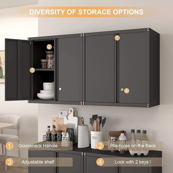 Metal Storage Cabinet,Garage Wall Cabinets with Locking Doors,Black Metal Cabinet with Adjustable Shelf for Home Office,Utility Room