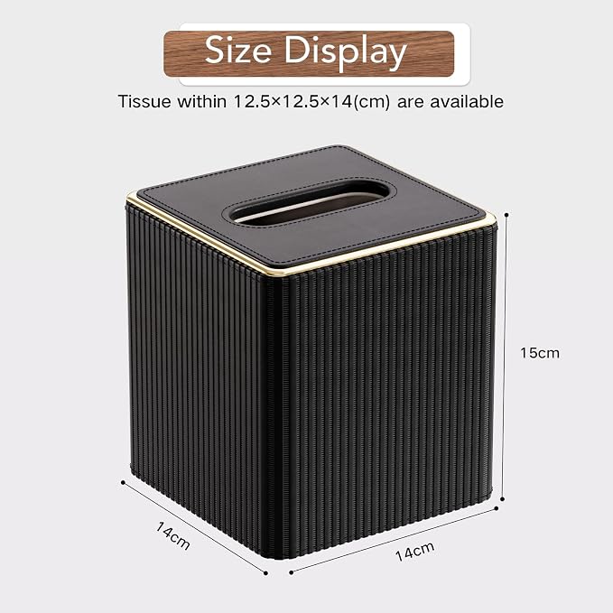 GORESE Square Tissue Box Cover with Gold-Tone Edging, PU Leather Tissue Box Holder for Kleenexs, Decorative Tissue Cover for Bathroom Living Room Car, Modern Cube Kleenexs Holder, Black