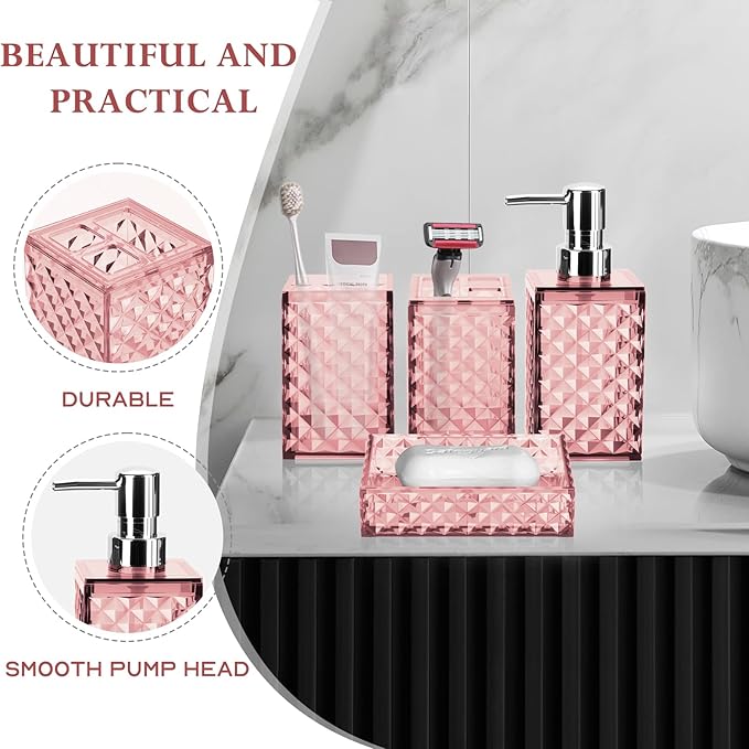 Bathroom Accessory Set, Grid Pattern 4 Pcs Plastic Bathroom Set, Pink | Include Soap Dispenser, Soap Dish, Toothbrush Holder, Mouthwash Cup, Modern Bathroom Decor Set