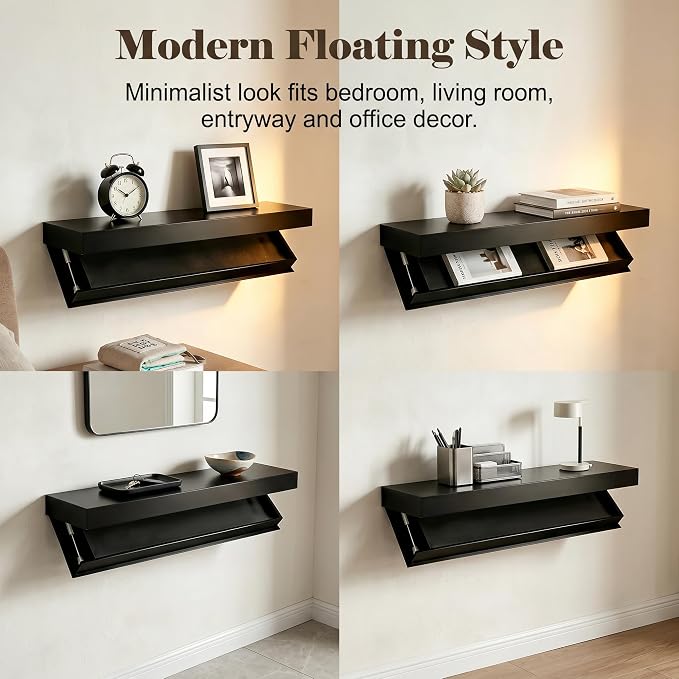 Floating Hidden Shelves for Wall with Concealed Storage Drawer, Hidden Shelf Night Stand with Secret Compartment, for Home Office Living Room, Black