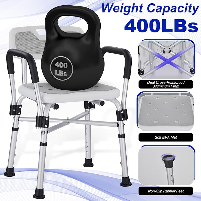 Shower Chair for Elderly and Disabled Inside Shower,Gray | 6-Height AdjustableShower Seat for Inside Tub,Shower Chair with Arms and Back 400 LB Heavy Duty