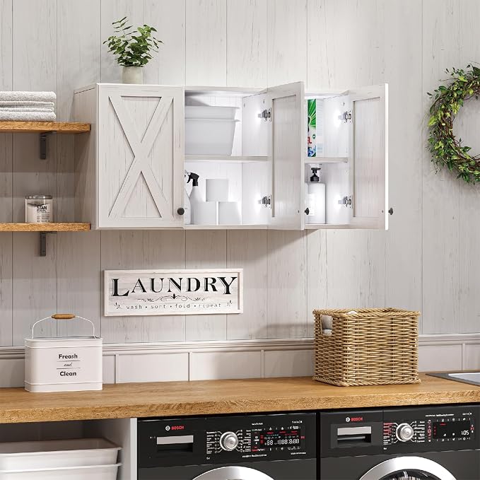 35" W Laundry Room Wall Cabinet, Farmhouse Wall Cabinet with Adjustable Shelf, Wall Mount Storage Cabinet, Farmhouse Medicine Cabinet, Floating Cabinet for Kitchen, Bathroom, Off White