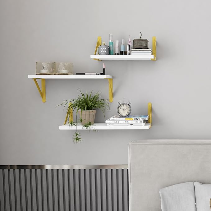 YGEOMER 4 Different Sizes Floating Shelves for Wall Decor, White and Gold | Rustic wood shelves in mixed sizes for flexible combined storage. Fits bathroom, kitchen, living room, bedroom and office.