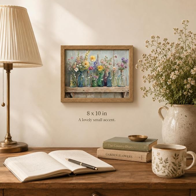 Wood Framed Farmhouse Plants Flowers Wall Art Wildflowers Colorful Glass Bottles Wall Decor Rustic Wildflower Poster Print Artwork for Bathroom Living Room Bedroom Study Room Home Decoration