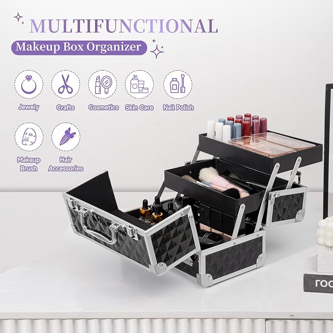 Leeora&Leekoo Makeup Train Case Cosmetic Box Portable Makeup Case Organizer 2 Trays Makeup Storage for Cosmetologist Aesthetic Supplies Nail Tech Traveling Makeup Box (Watercube)