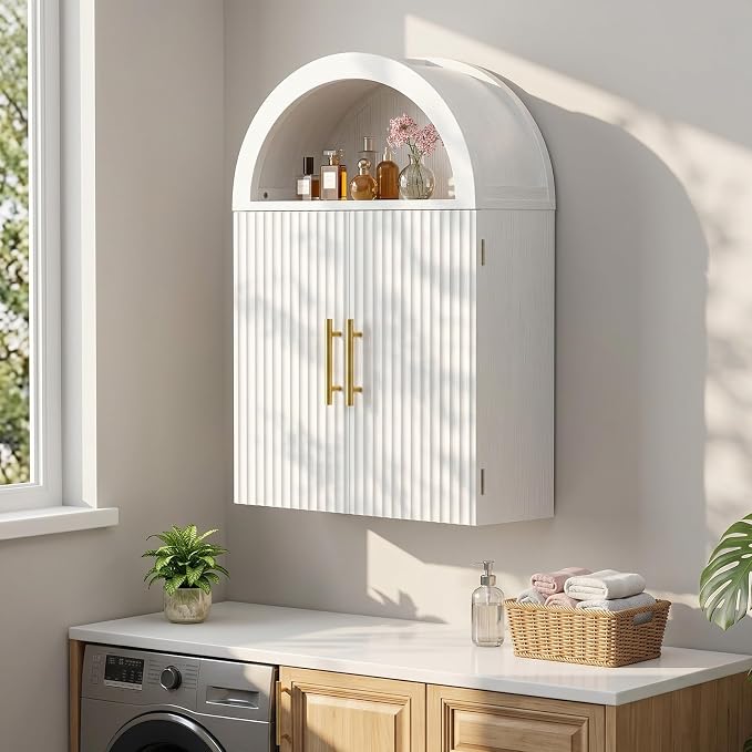 Kalrin Arched Wall Cabinet, Large Wood Bathroom Cabinet Wall Mounted Cupboard, Modern Floating Storage Cabinet with Acrylic Door Adjustable Shelf, Wood Organizer White