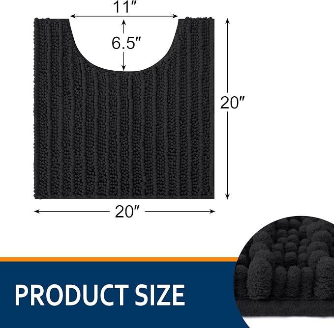 Smiry Bathroom Toilet Rugs U Shaped 20X20, Chenille Bath mats for Toilet | Black Extra Soft Absorbent Non Slip Rubber Backing Contour Bath Rugs for Toilet, Machine Washable Contoured Bath Mats