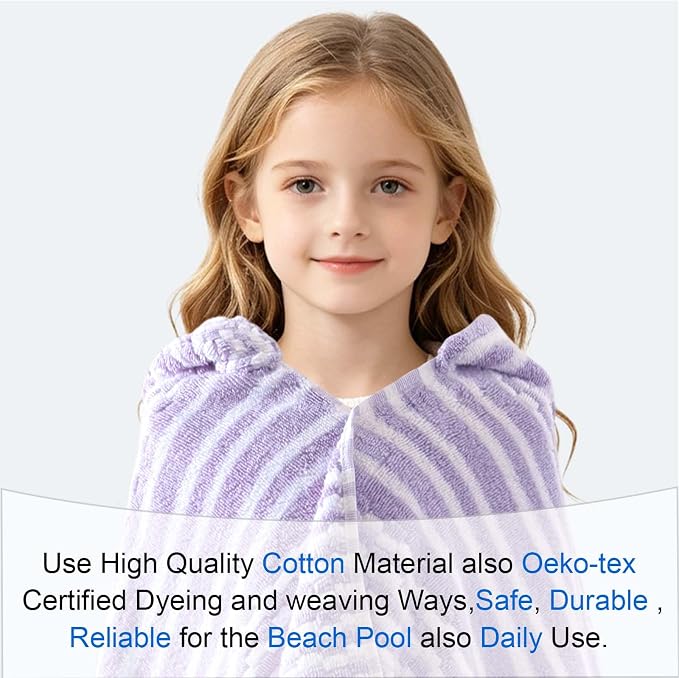 VOOVA & MOVAS Kids Hooded Bath Towel, 6-10 Years, 100% Cotton,Purple Stripe | Elegant Vertical Stripes, Thick Plush Material, Fast Drying for Outdoor Water Activities