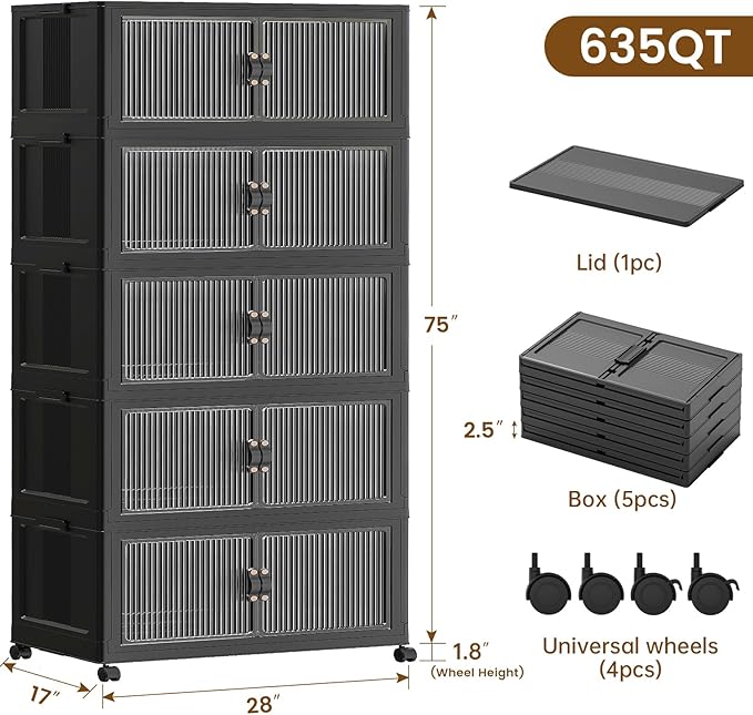 SAILUN 635Qt Large Stackable Storage Bins,Storage Cabinet with a Lid,Black | Stackable Storage Drawers with Lids,28" W x 17" D x 75" H,Featuring open-front Access for Clothes and Closet Storage