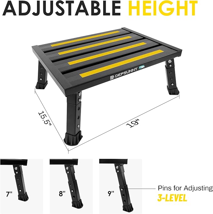Adjustable RV Step Stool, Wide Platform, Foldable Legs, Black | 3 Height Settings, 1,000-lb Capacity, Aluminum Frame, Non-Slip Rubber Feet, Portable Step for Camper Stairs and Trailers