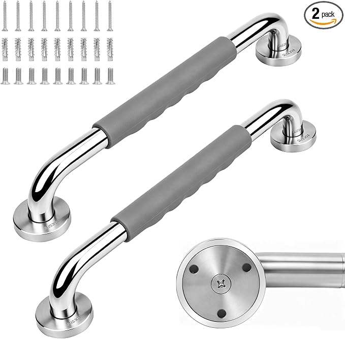 MrHAND Shower Grab Bar for Senior, 16 Inch 2 Pack, Anti-Slip Silicone Grip | SUS 304 Stainless Steel, Wall Mounted Shower Handles, ADA Compilant, Suitable for Seniors, Handicap, Pregnant & Kids