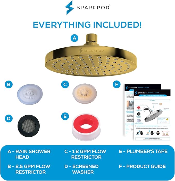 SparkPod Rain Shower Head, 8 Inch Round, Egyptian Gold Finish | High Pressure Shower Heads, 90 Nozzles, Adjustable Showerhead, No Tools Needed, Universal Connection