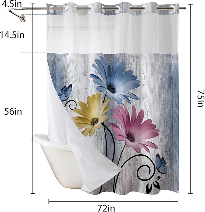 Hookless Shower Curtain with Snap in Liner，Colorful No Hook Shower Curtains for Bathroom，Shower Curtain and Liner Set for Bathroom Decor,Waterproof & Washable,72W x 75L Inch