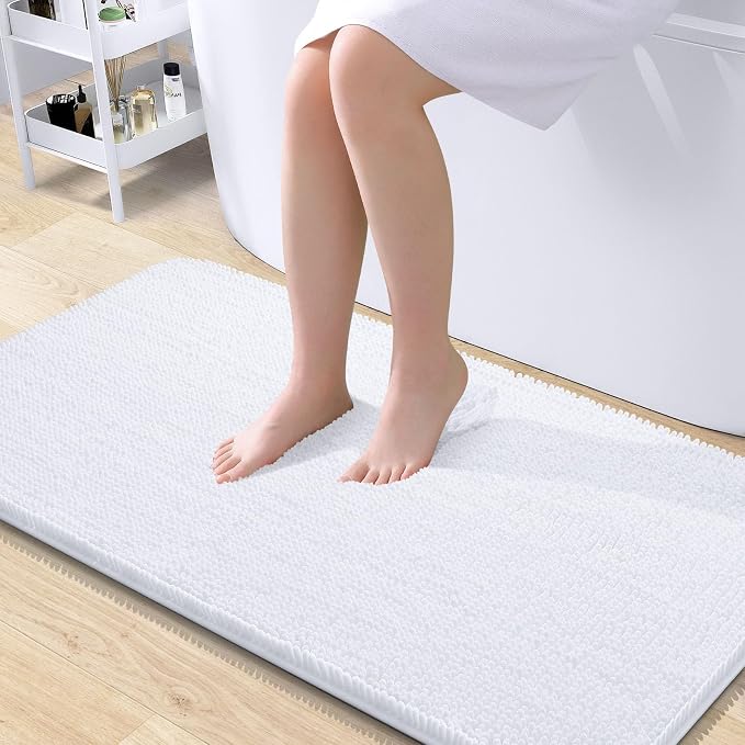 OLANLY Bathroom Runner Rugs 45x27, Extra Soft Absorbent Chenille Bath Rugs | White, Quick-Drying Rubber Backing, Machine Washable Long Bath Mat for Bathroom Floor, Tub and Shower, Home Decor Accessories