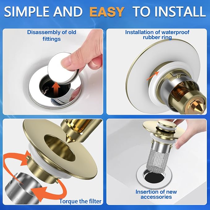 Bathroom Sink Drain Strainer,(4PCS) Pop-up Sink Drain Strainer with Removable Stainless Steel Strainer Basket Hair Catcher, Bathroom Sink Strainer for Bathroom Sink Stopper Replacement