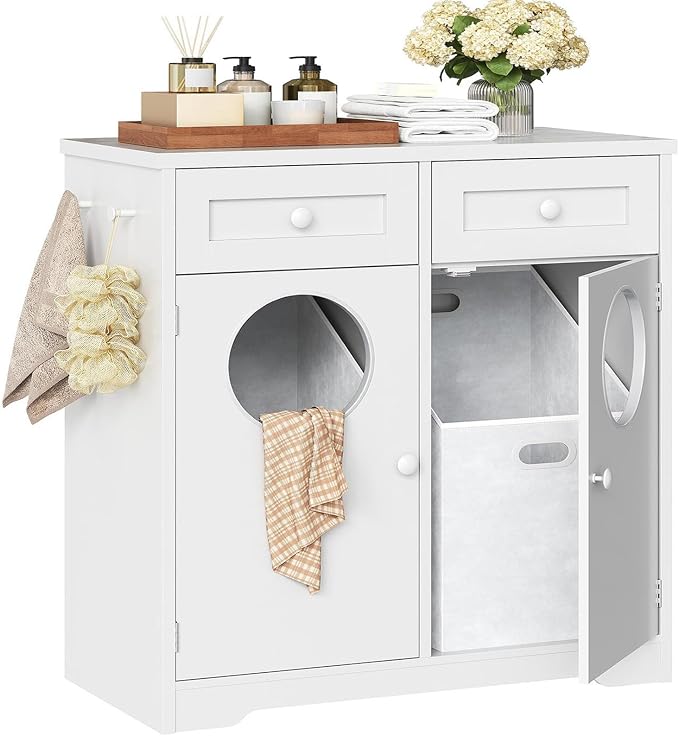 HOOBRO Double Laundry Hamper Cabinet, Hidden Laundry Cabinet with 2 Drawers & 2 Baskets, 20 Gallon Farmhouse Bathroom Laundry Hamper with 2 Clothes-Toss Holes, White WT36XY01