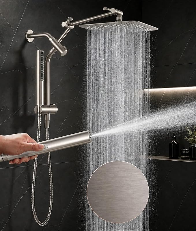 Veken All Metal 10" Luxurious Brushed Nickel Rain Shower Head with Handheld | Dual High Pressure Shower Heads, Power-wash Hand Held with Hose,Double Detachable Showerhead,Square Rainfall,Bathroom Upgrade
