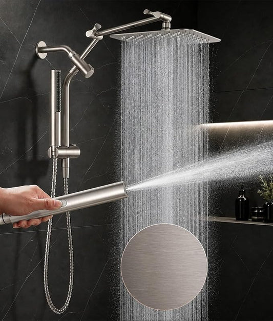 Veken All Metal 10" Luxurious Brushed Nickel Rain Shower Head with Handheld | Dual High Pressure Shower Heads, Power-wash Hand Held with Hose,Double Detachable Showerhead,Square Rainfall,Bathroom Upgrade