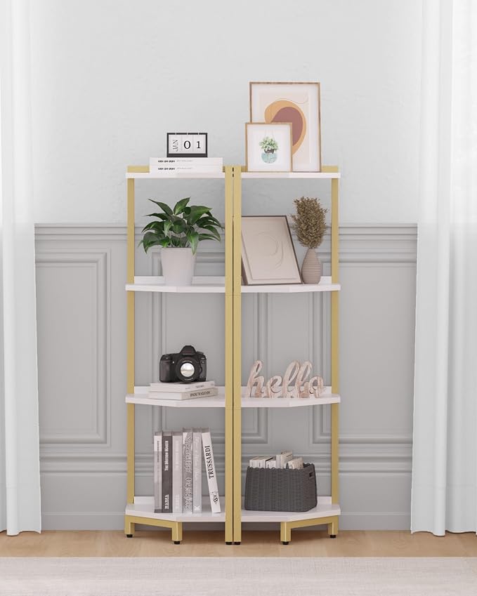 Hzuaneri Corner Shelf Stand 4-Tier Corner Bookshelf Storage Standing Shelf | Bookcase Plant Stand with Metal Frame for Living Room, Home Office, Bedroom, White Gold CS05803A