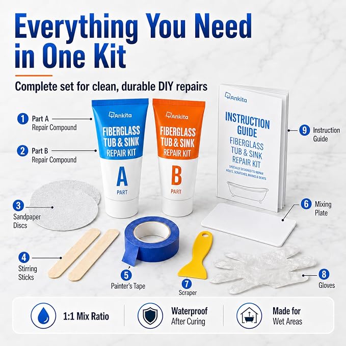 Tub Repair Kit White, Bathtub Repair Kit for Enamel, Fiberglass, Acrylic | For Chips, Cracks, Scratches, Holes & Rust on Porcelain, Patch & Repairs Cast Iron Tubs, Toilet, Sink, Shower Pan in Bathroom