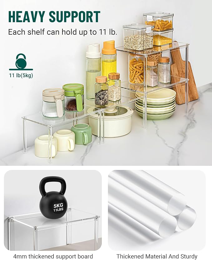 Acrylic Cabinet Organizer Set of 2, Stackable Spice Rack for Kitchen | Clear Shelf Organizer for Pantry, Cabinets, Countertops and Desks, Stackable Design Perfect for Spices and Small Items