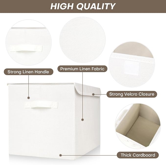 Large 42 Quarts Fabric Storage Bins with Lids [2-Pack] Linen Collapsible Foldable Storage Cubes, Closet Organizer Containers boxes with Handles for Home Office (16.7 x 12 x 12, White)