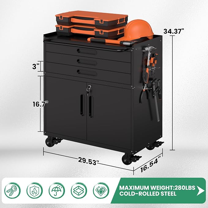 Garage Tool Cabinet Set,Heavy Duty Steel Rolling Tool Chest with Lockable Doors & Adjustable Shelves