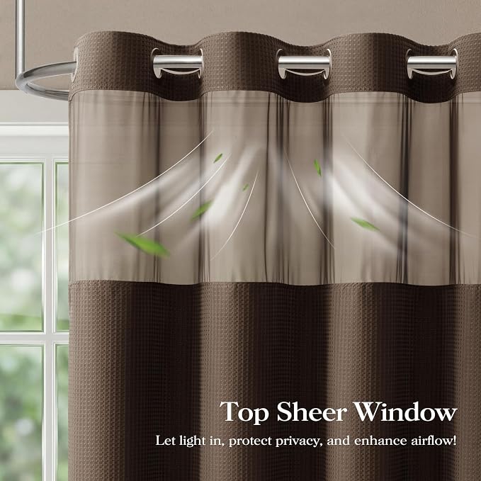 Brown Hook Free Waffle Shower Curtain & Snap-in Fabric Liner,72x75 | Less Time to install, 3 in 1 Fabric Shower Curtain and Liner Set with Magnets, Mesh Top Window, Shower Curtains for Bathroom