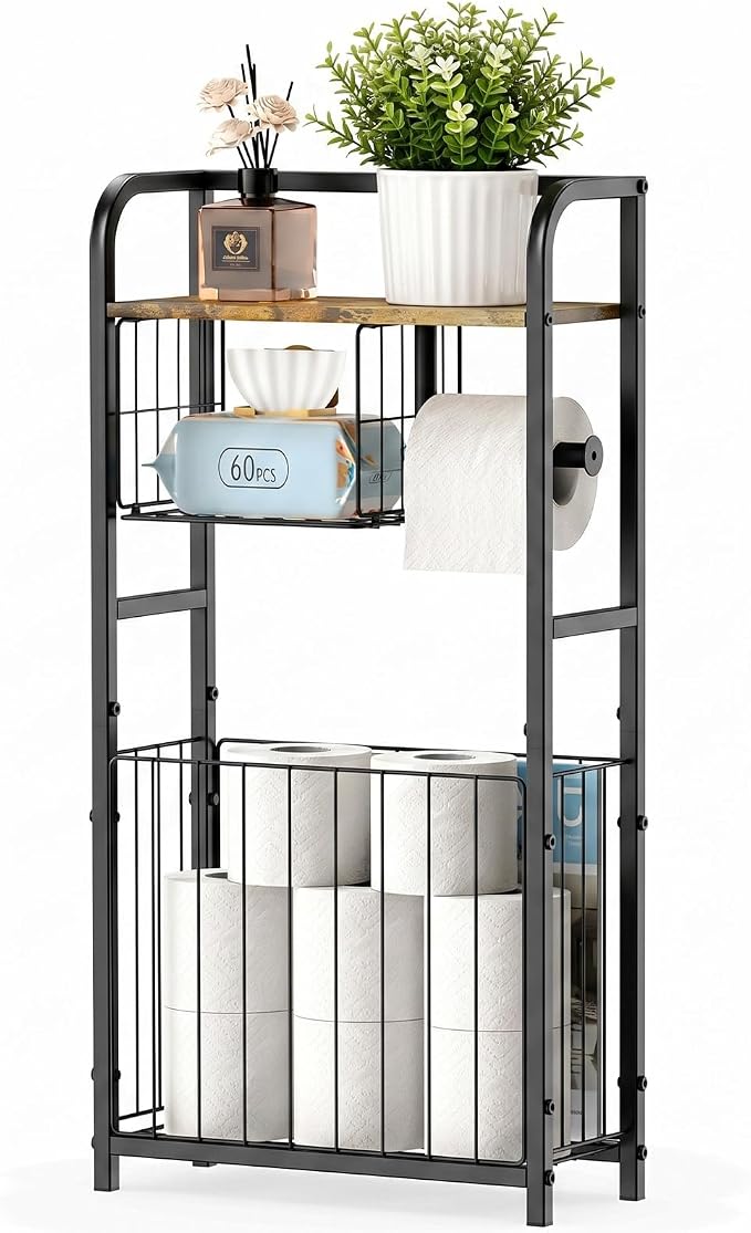Freestanding Toilet Paper Holder Stand with Storage forSmall Bathroom Space | Holds 9 Spare Rolls, Phone, Wipes & Magazines –Large Capacity Toilet Paper Stand – Toilet Roll Dispenser and Organizer