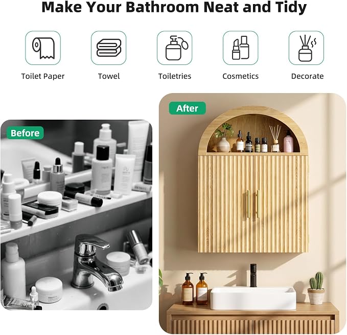 Kalrin Arched Wall Cabinet, Large Wood Bathroom Cabinet Wall Mounted Cupboard, Modern Floating Storage Cabinet with Door Adjustable Shelf, Wood Organizer Light Oak