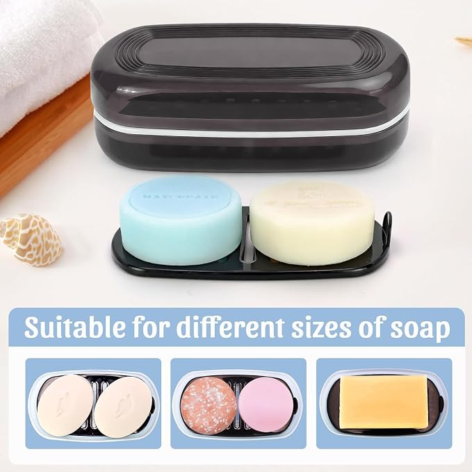 OZNER Travel Soap Case for Two Bars, Leak Proof Shampoo Bar Holder Compatible with Kitsch Bars, Soap Container with Drainage Layer for Bathroom, Camping, and Gym, Easy to Clean (Black)