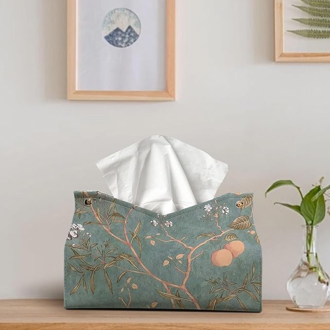 Green Floral Rrectangle Tissue Box Cover 9.8x5.9x7In | Vintage Decorative PU Leather Tissue Box Holder for Bedroom Bathroom,Boho Floral Waterproof Tissue Box Cover for Women