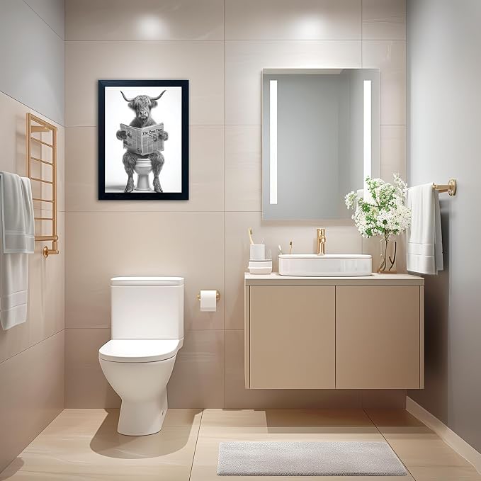 Funny Highland Cow Bathroom Wall Art - Framed Black and White Bathroom Wall Decor, Humorous Cow Picture Wall Decor with Cute Animal Canvas, Modern Farmhouse Style Restroom Sign Art for Toilet & Washroom 16"x20"