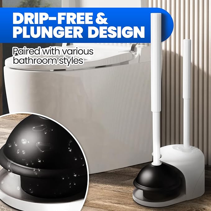 4in1 Toilet Plunger and Brush Set - Home Bathroom Cleaning Tools | 21", Groove Gap Brush, Cleaning Gloves, Heavy Duty Toilet Bowl Cleaner, Apartment Must Haves Bathroom Decor, White