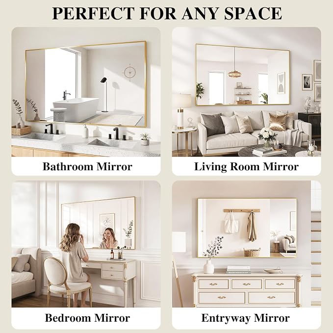 Koonmi Gold Mirrors for Wall, 30x48 Inch Bathroom Mirror, Rectangular Wall Mirror for Living Room Bedroom Bathroom, Hangs Horizontally or Vertically