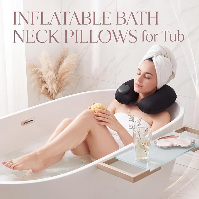 Colingmill 2 Pcs Inflatable Bath Pillows for Tub, U-Shaped Neck & Head Support Cushion, Portable Blow Up Travel Neck Pillow with Adjustable Button for Airplanes & Home Spa (Black)